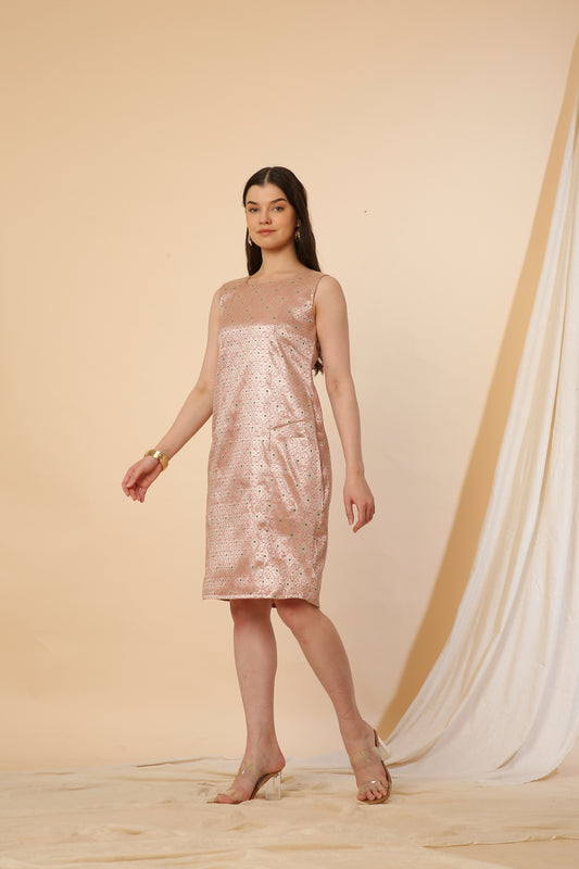 Peach Indo-Western Banarasi  Silk Bodycon Dress