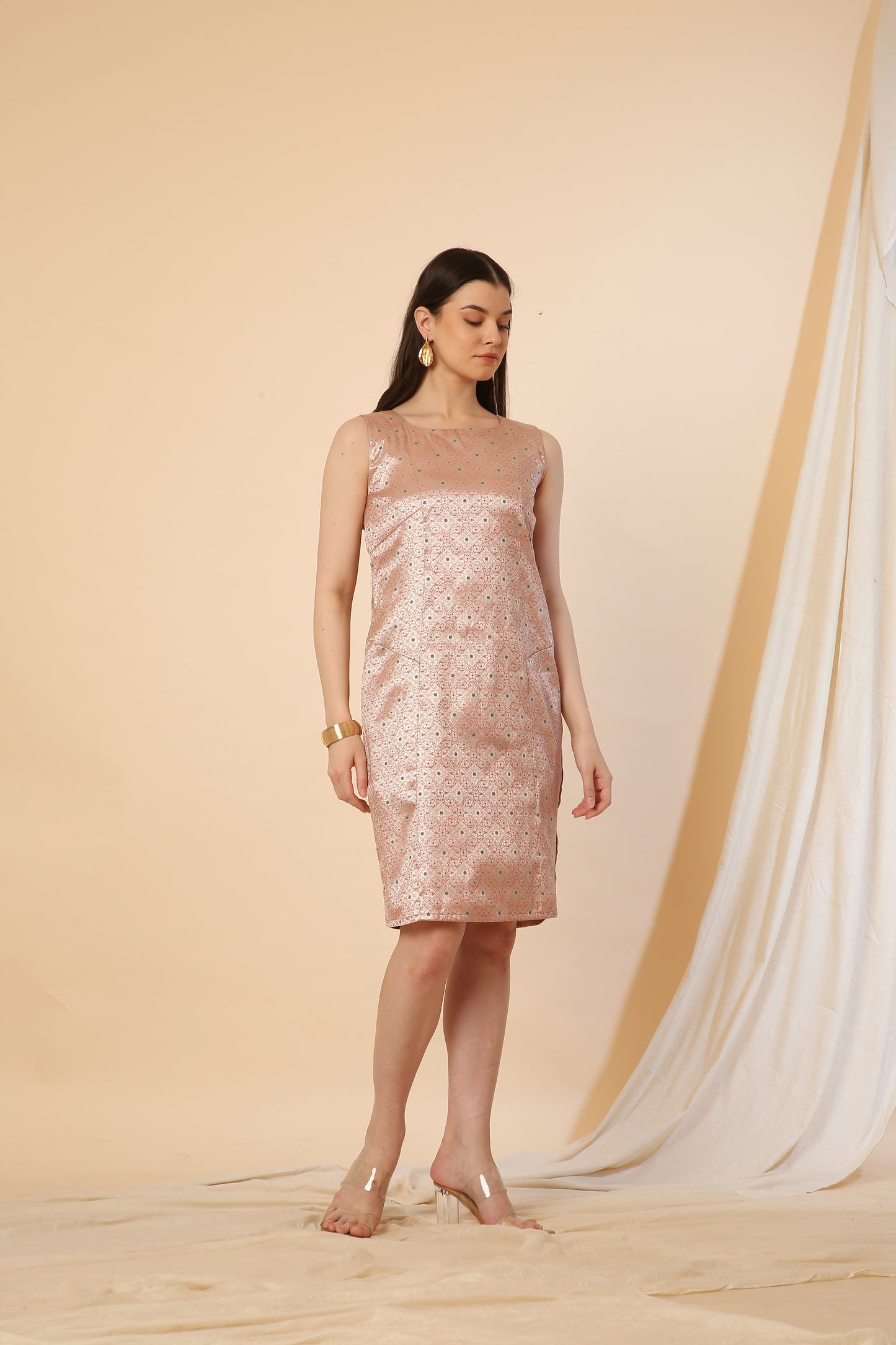 Peach Indo-Western Banarasi  Silk Bodycon Dress