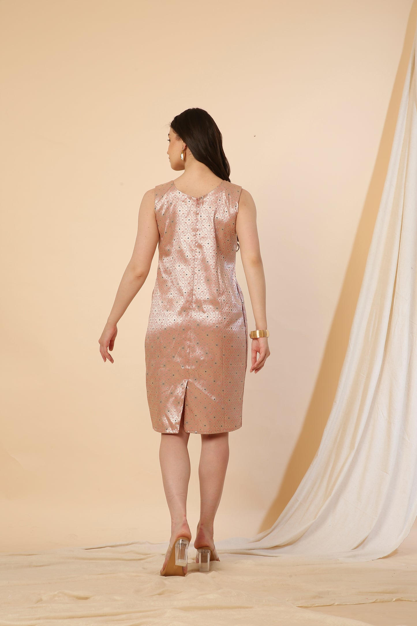 Peach Indo-Western Banarasi  Silk Bodycon Dress
