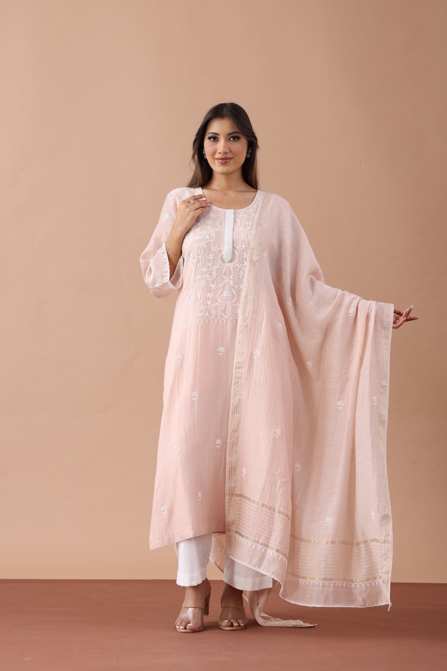 Almond Beige Chikankari Suit Set By SUTARA