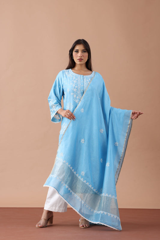 Sky Blue Chikankari Suit Set By SUTARA