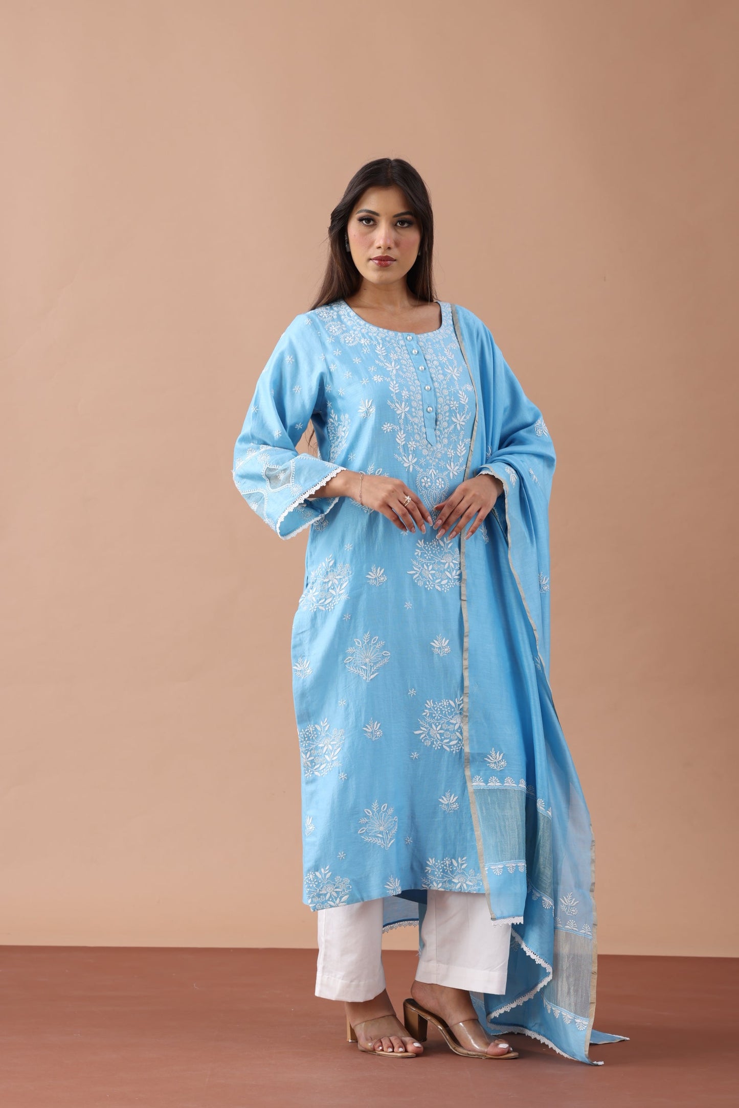 Sky Blue Chikankari Suit Set By SUTARA