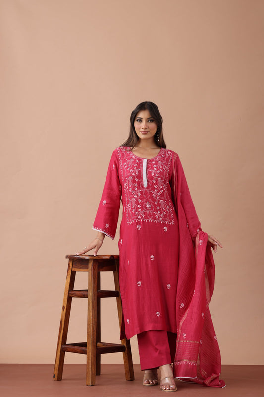 Dark Raspberry Chikankari Suit Set By SUTARA