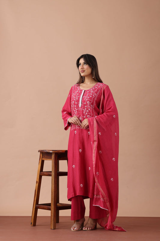 Dark Raspberry Chikankari Suit Set By SUTARA