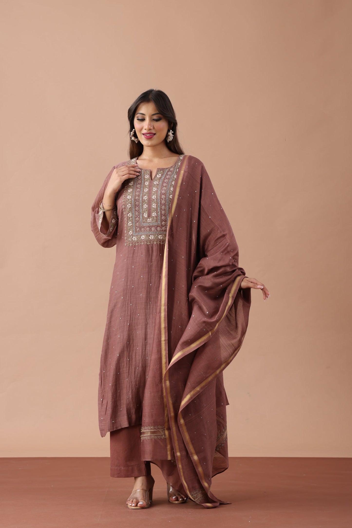 Brown Chikankari Suit Set By SUTARA