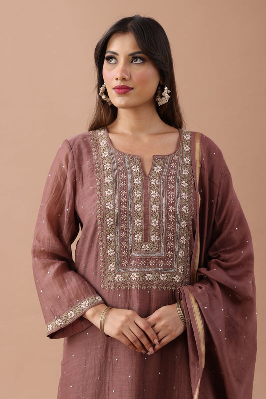 Brown Chikankari Suit Set By SUTARA